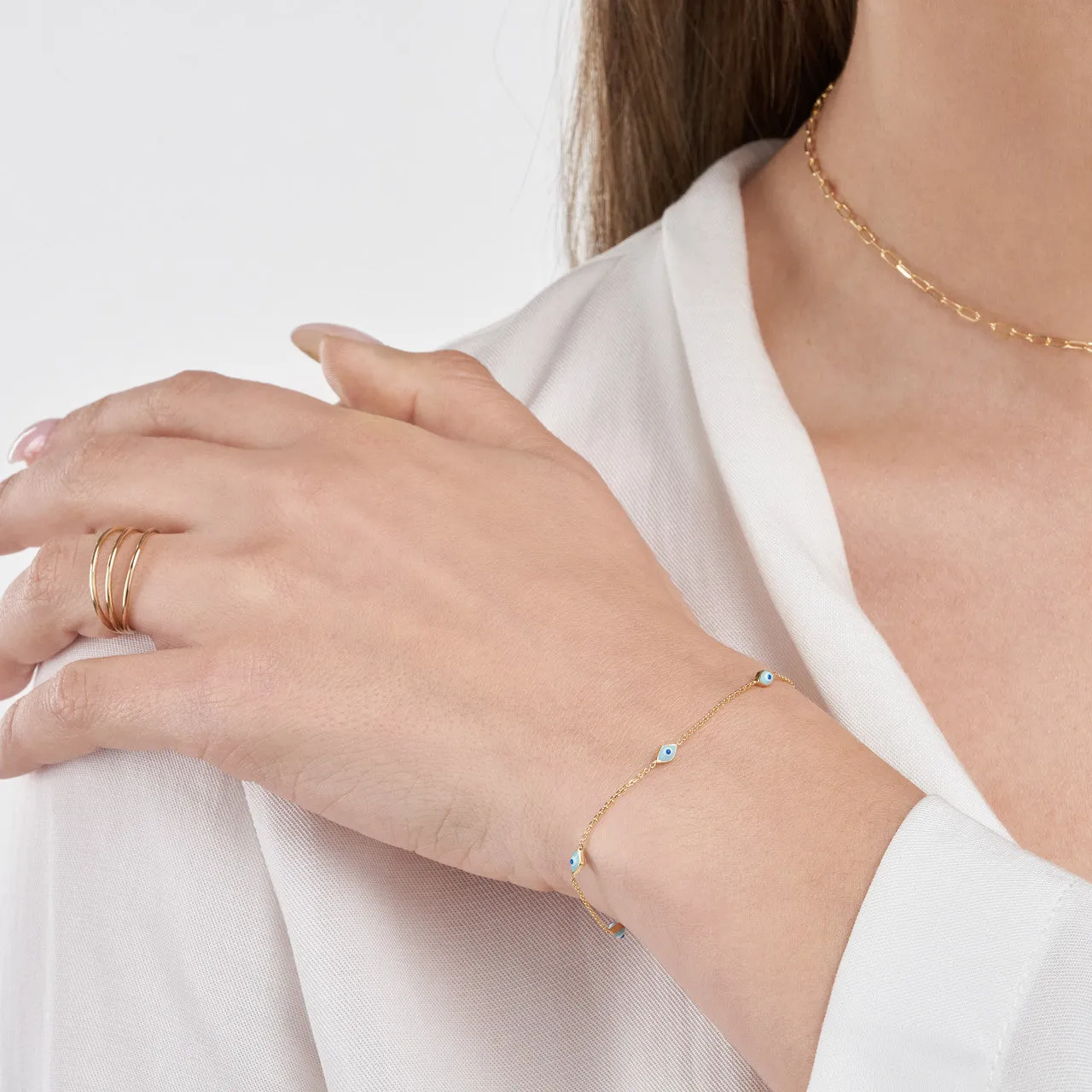 14K Yellow Gold Enamel Evil Eye Station Bracelet