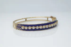 1.5CTW VINTAGE SOLID GOLD, DIAMOND AND ENAMEL BANGLE