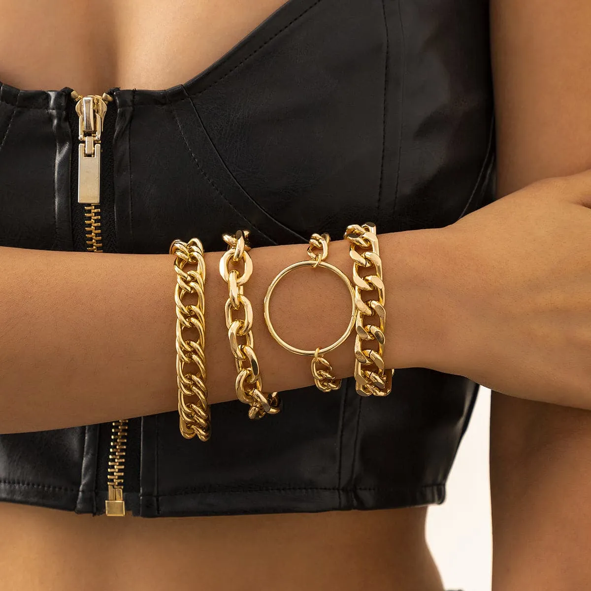 18K Gold Plated Hoop Cable Chain Bracelet Set
