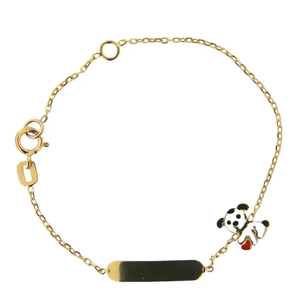 18k Solid Yellow Gold Enamel White and Red Dog ID Bracelet