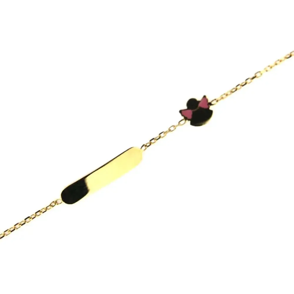 18K Solid Yellow Gold Pink Enamel Angel ID Bracelet