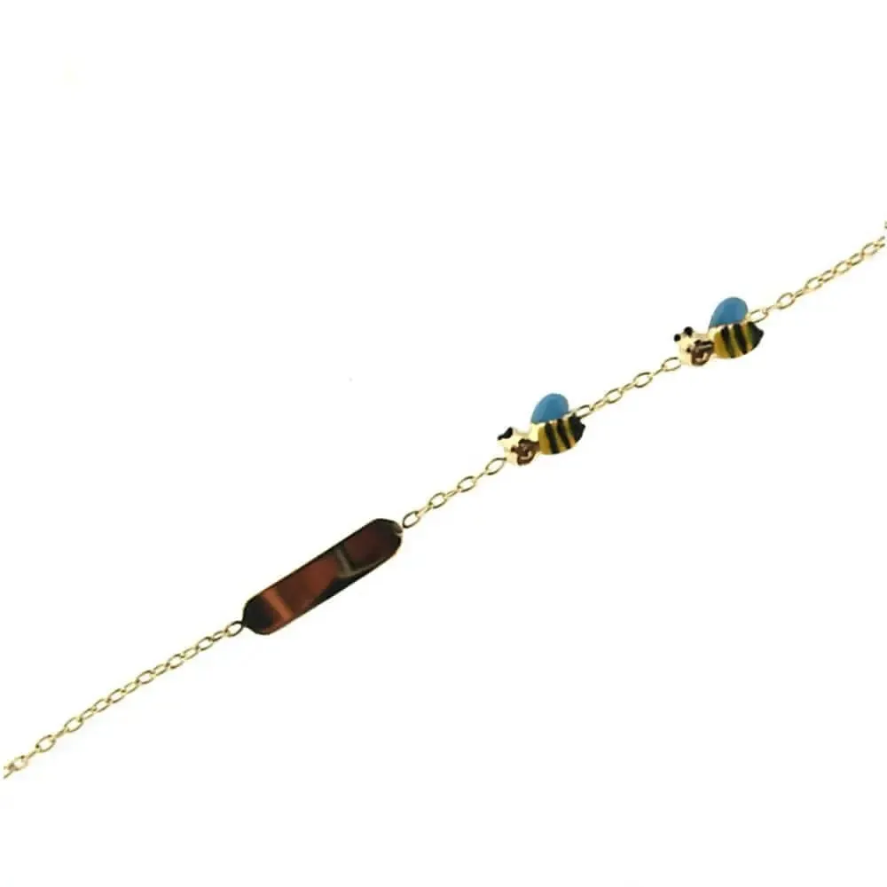 18K Yellow Gold Enamel Yellow & Blue Bumble Bee ID Bracelet
