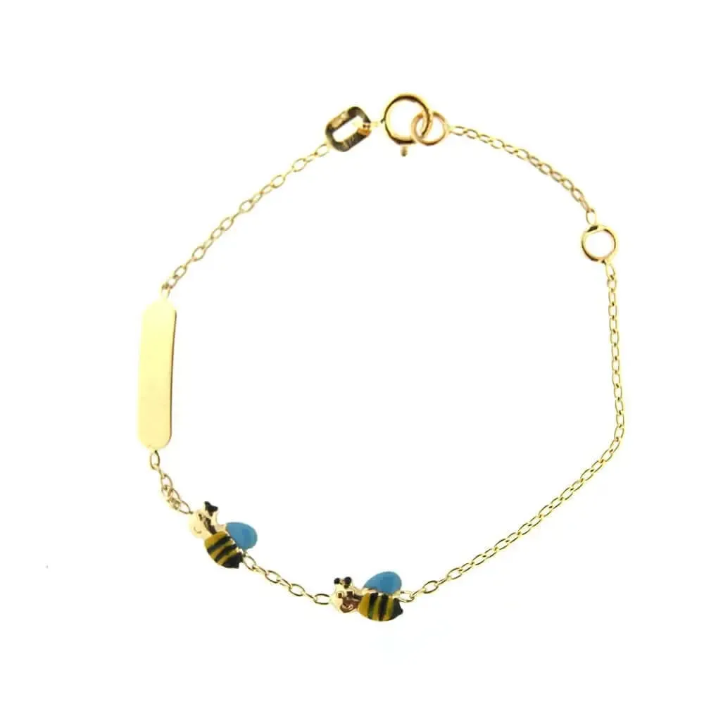18K Yellow Gold Enamel Yellow & Blue Bumble Bee ID Bracelet