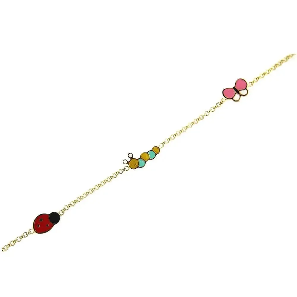 18K Yellow Gold EnamelButterfly/Caterpillar/LadyBug Bracelet