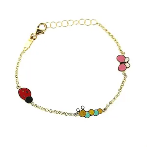 18K Yellow Gold EnamelButterfly/Caterpillar/LadyBug Bracelet