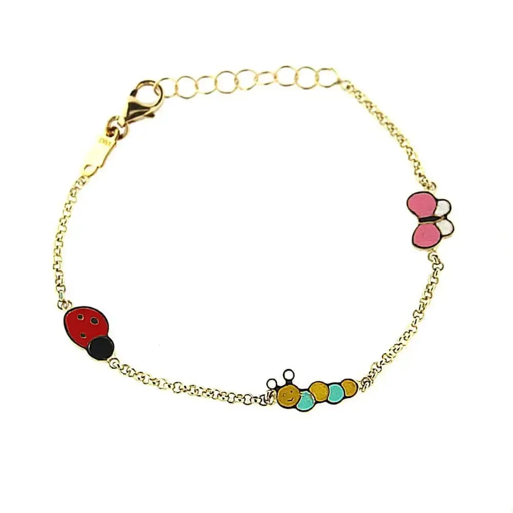 18K Yellow Gold EnamelButterfly/Caterpillar/LadyBug Bracelet