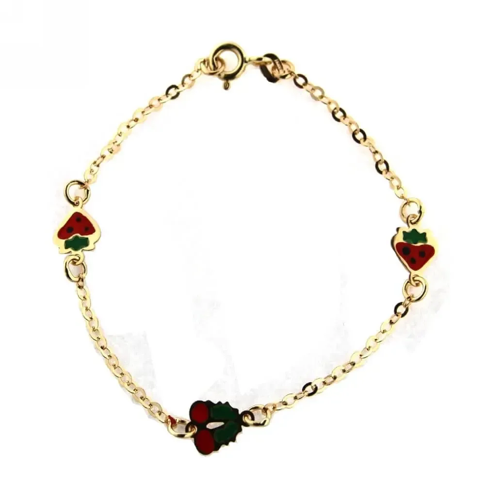18K Yellow Gold Red Enamel Cherry and Strawberry Bracelet