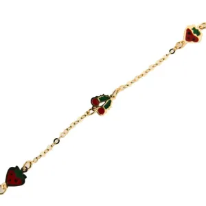 18K Yellow Gold Red Enamel Cherry and Strawberry Bracelet
