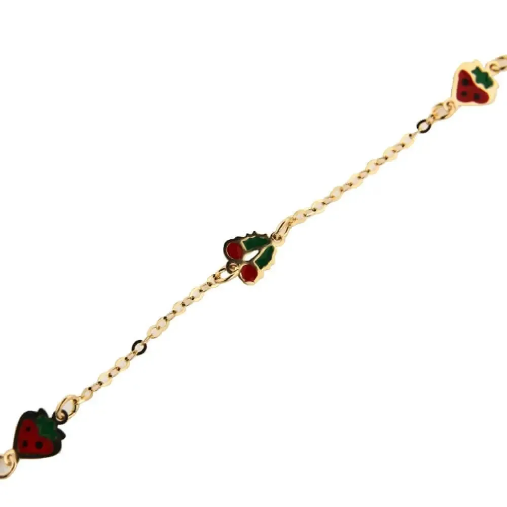 18K Yellow Gold Red Enamel Cherry and Strawberry Bracelet