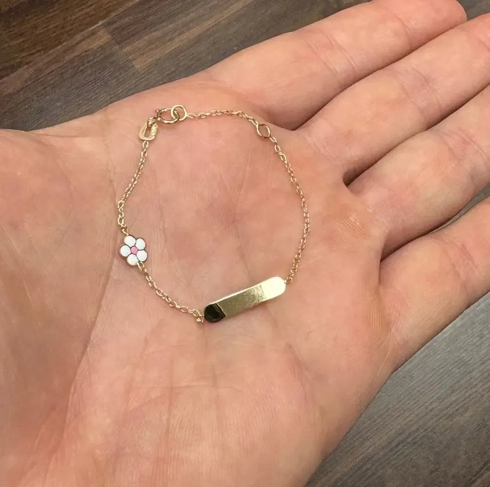 18K Yellow Gold White and Pink Enamel Flower ID Bracelet