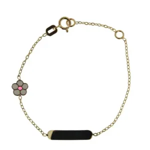 18K Yellow Gold White and Pink Enamel Flower ID Bracelet