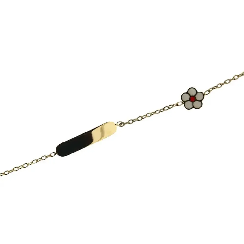 18K Yellow Gold White with Red Enamel Flower ID Bracelet