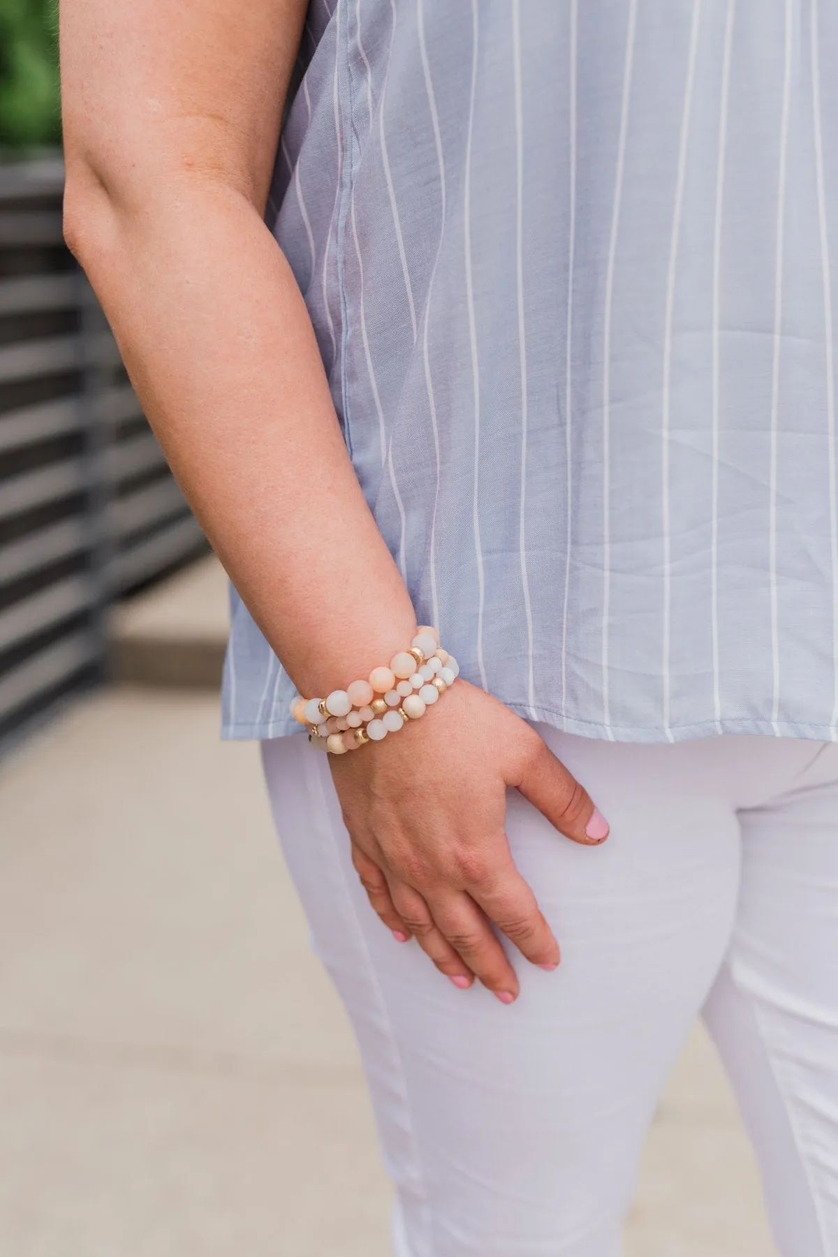 3 Layer Sea Glass Beaded Bracelet Set- Ivory & Blush Tones