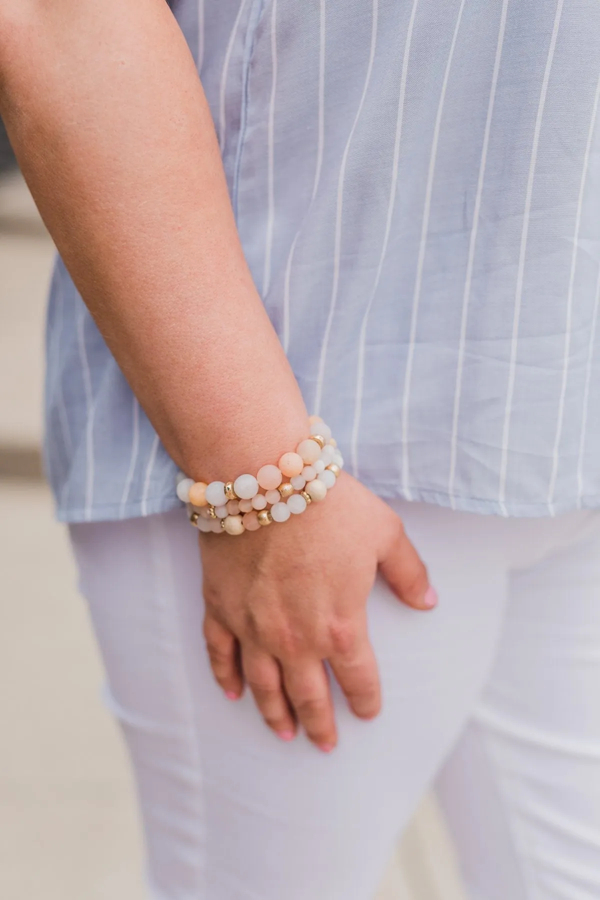 3 Layer Sea Glass Beaded Bracelet Set- Ivory & Blush Tones