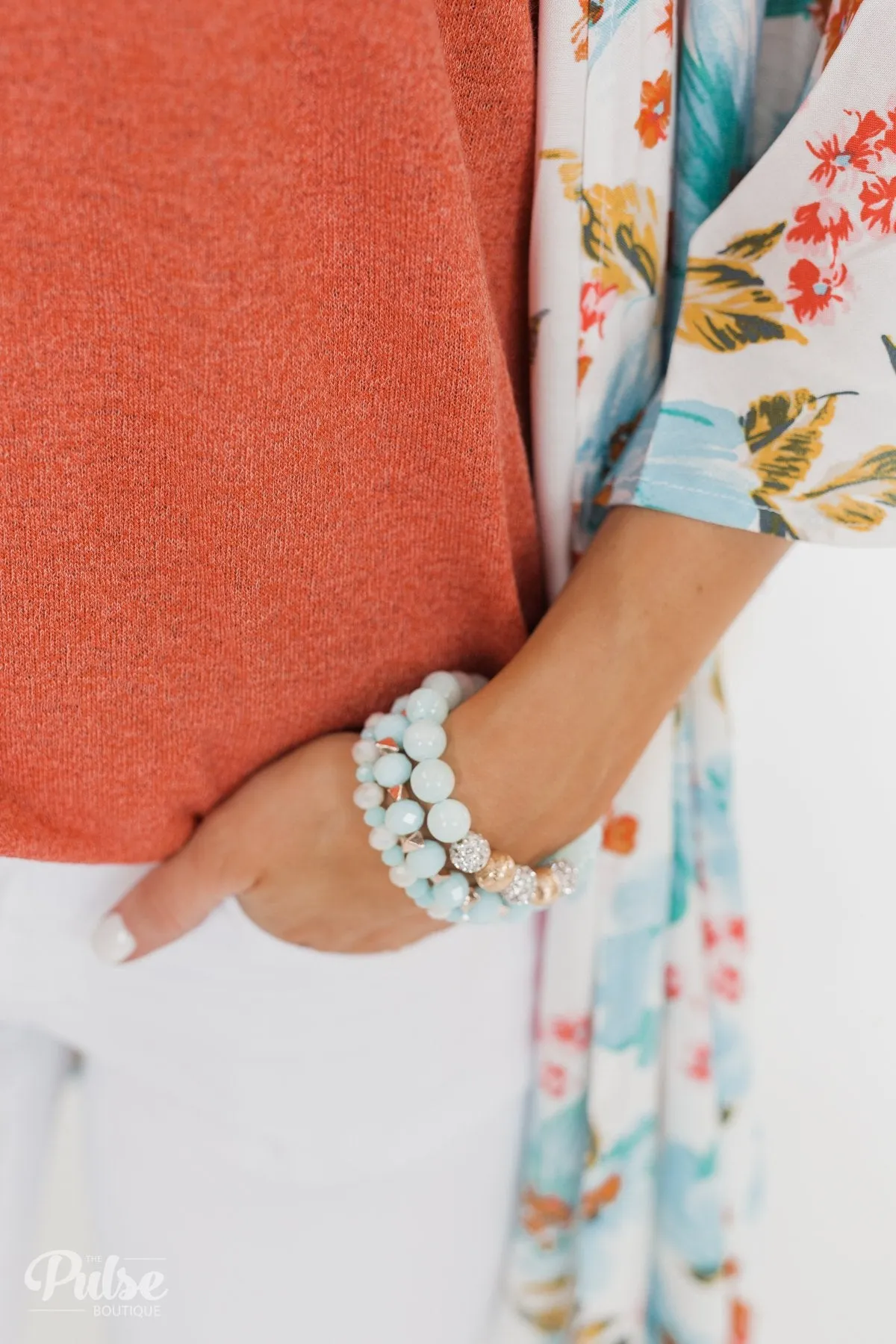 3 Layer Silver Studded Beaded Bracelet Set- Light Blue