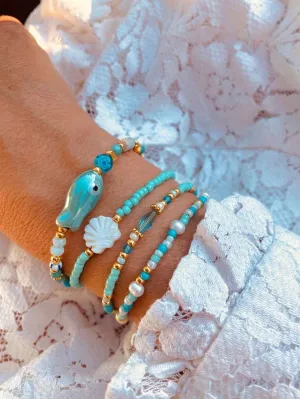 4 pc Handmade Blue Beaded Bracelets With Fish & Shell Decoration