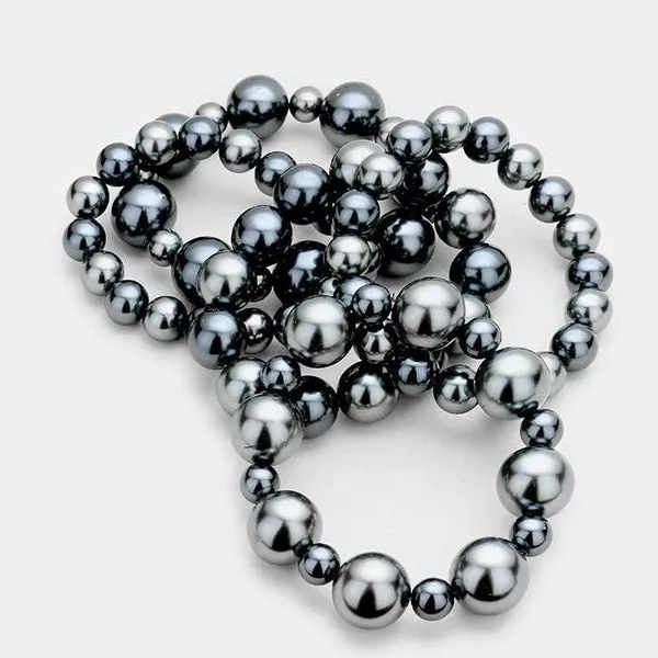 5 Piece Chunky Gray Pearl Stretch Layered Bracelets