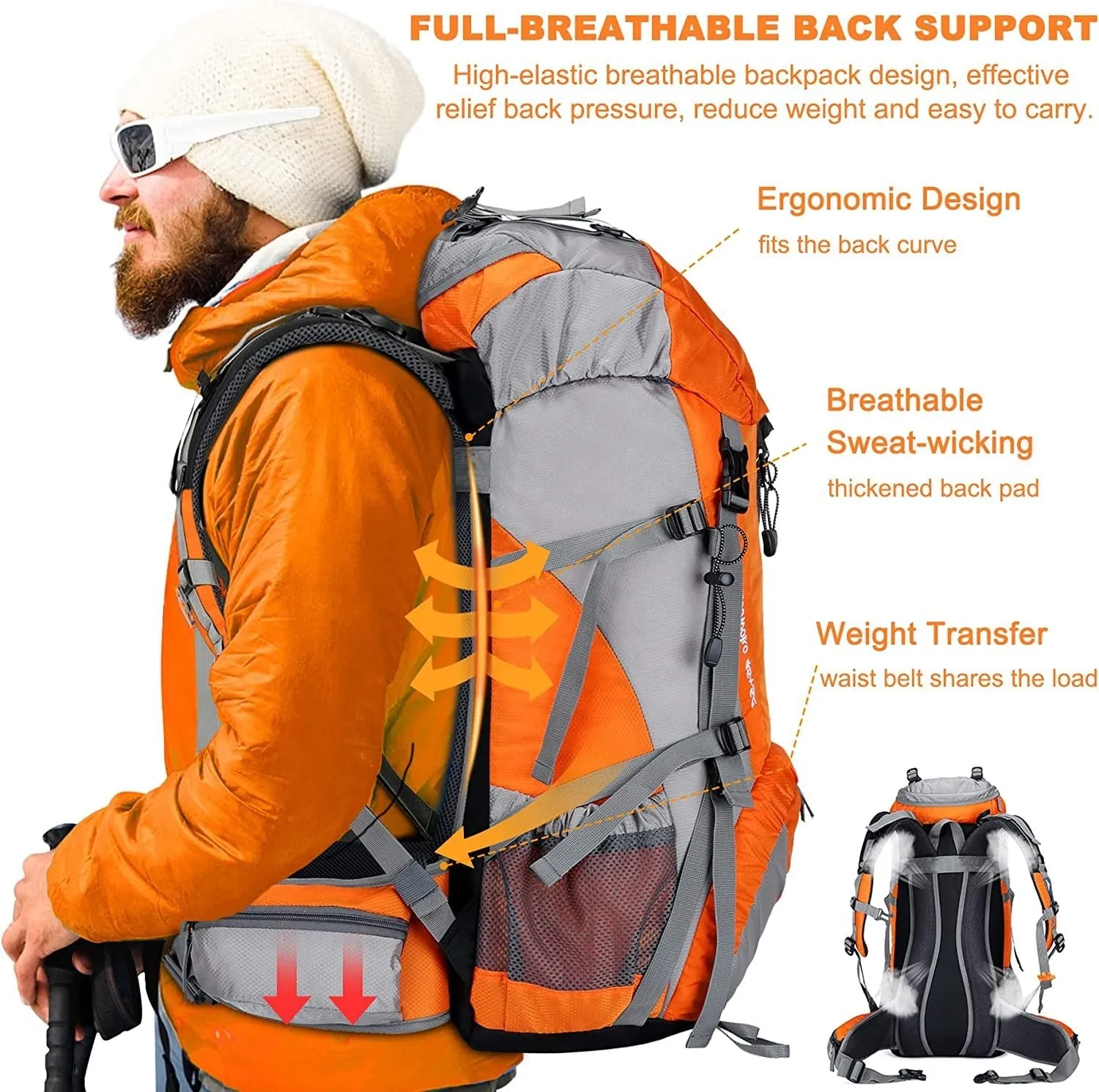 50L waterproof hiking backpack with rain cover and storage