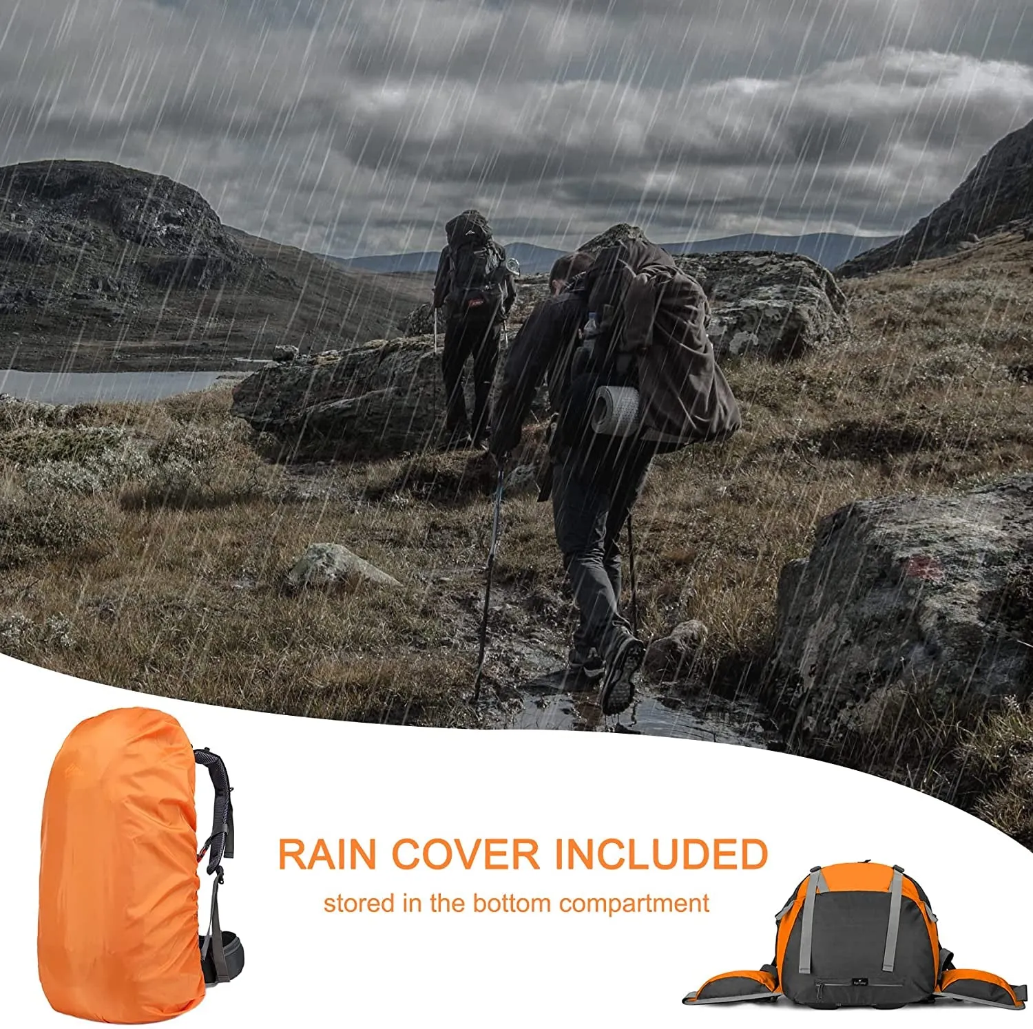 50L waterproof hiking backpack with rain cover and storage