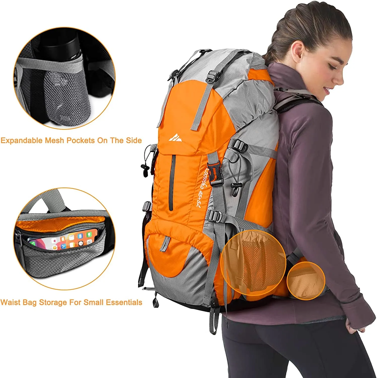 50L waterproof hiking backpack with rain cover and storage