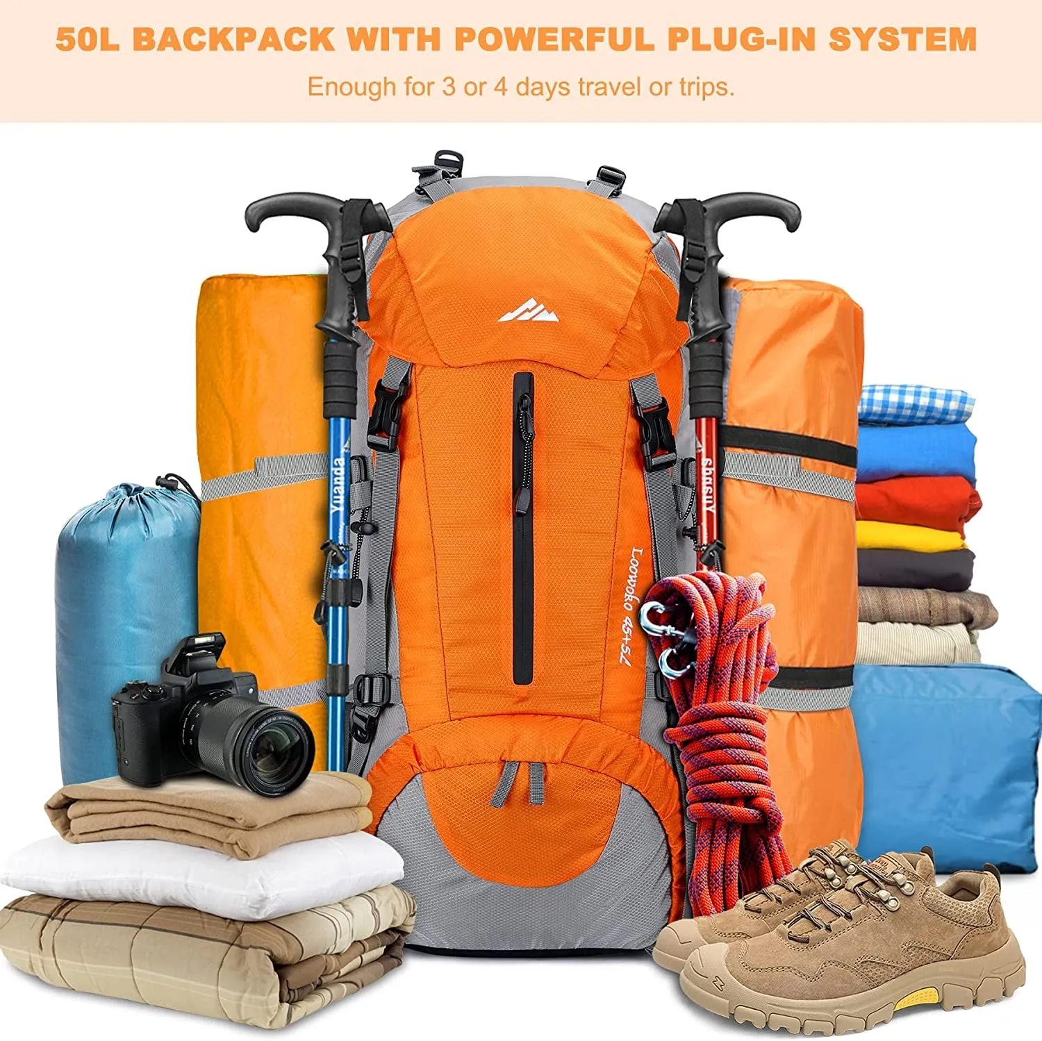 50L waterproof hiking backpack with rain cover and storage