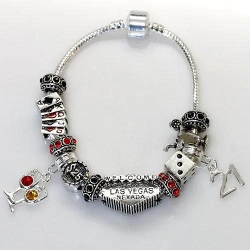7.0" Viva Las Vegas Theme Charm with 12 Charms, Pocker Cards,Casino Chips,Dice,Martini Glass & Crystals charm beads, For Snake Chain Bracelets