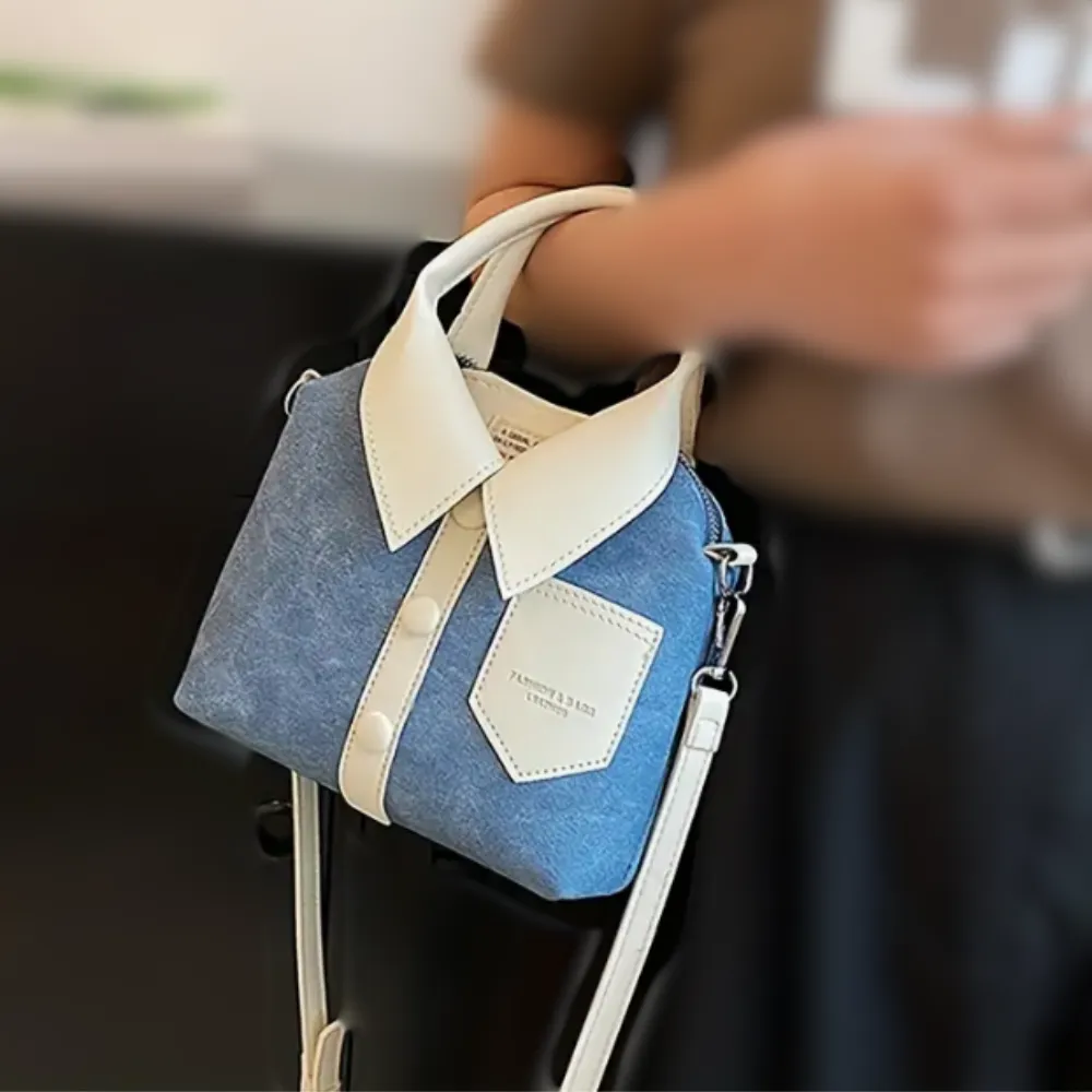 A "WHERE DID YOU GET THAT HANDBAG?" BLUE Demin PU Leather Shirt Style Crossbody/Handbag