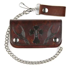 AB412-198  6" Antique Finish Biker Wallet- Cross w/ Fleur De Lys