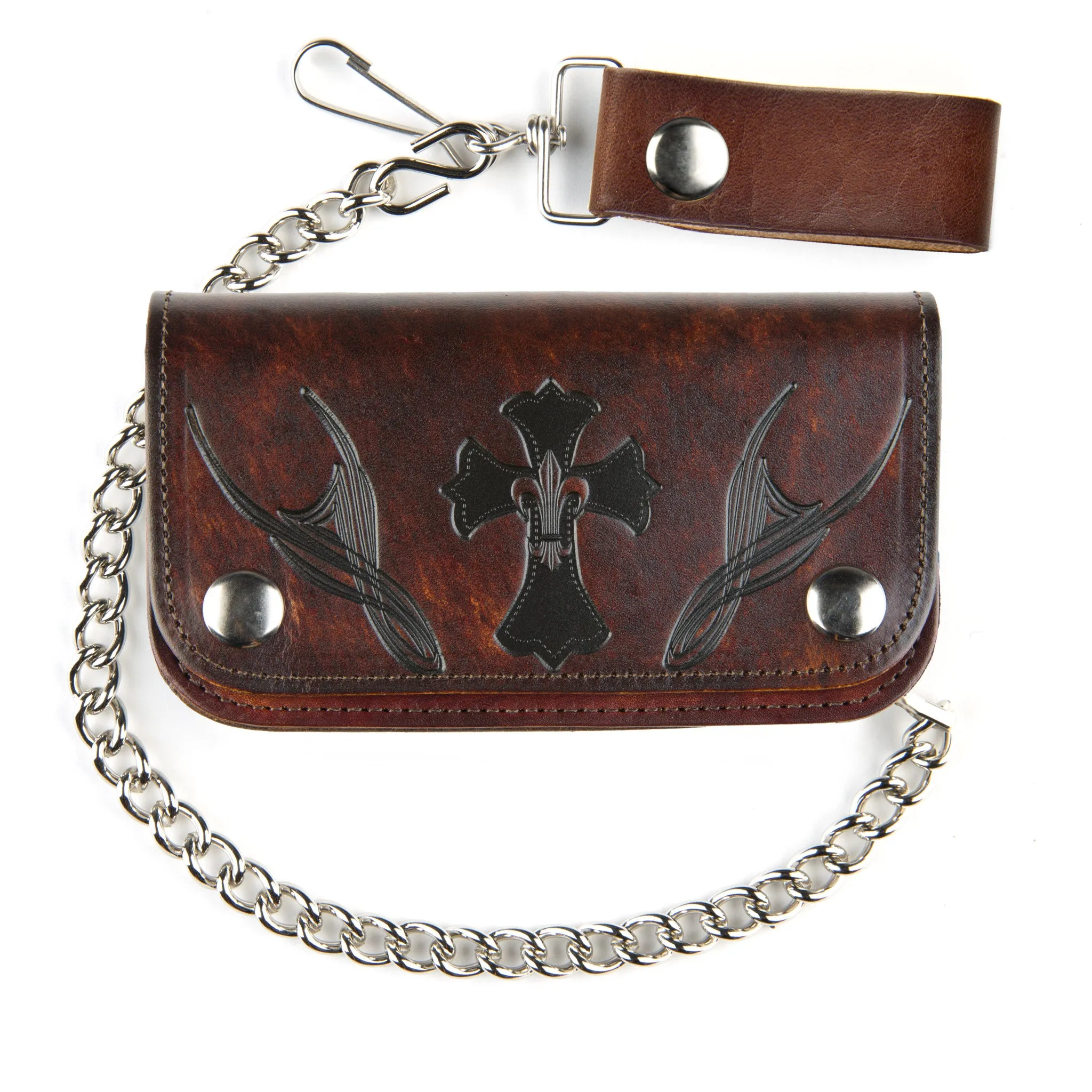 AB412-198  6" Antique Finish Biker Wallet- Cross w/ Fleur De Lys