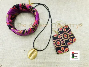 African Ankara Bracelet Earrings Purple Black Gold Women Jewelry Set The Blacker The Berry®