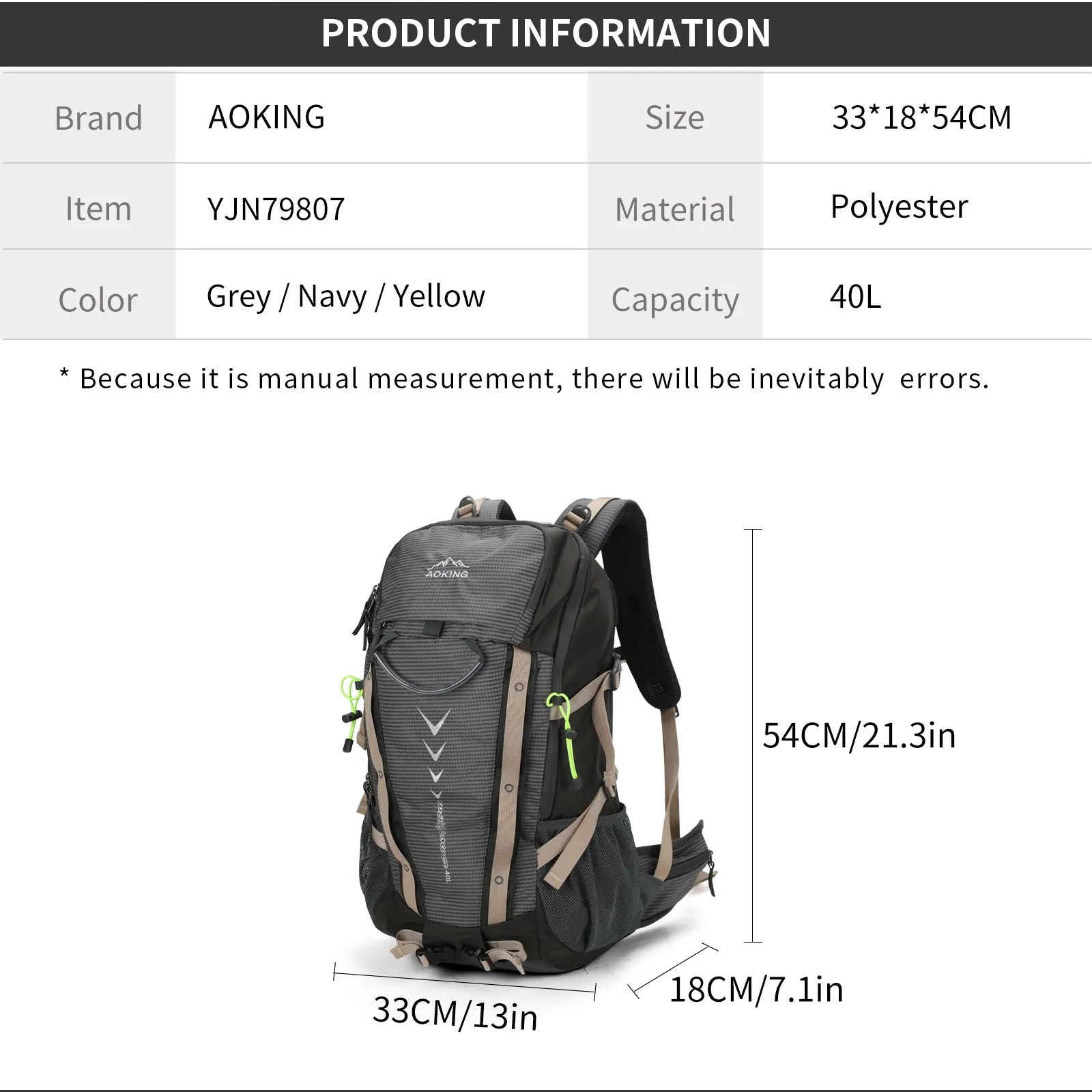 Aoking Backpack Large Capacity Casual Backpack Waterpoor Outdoor Bag YJN79807