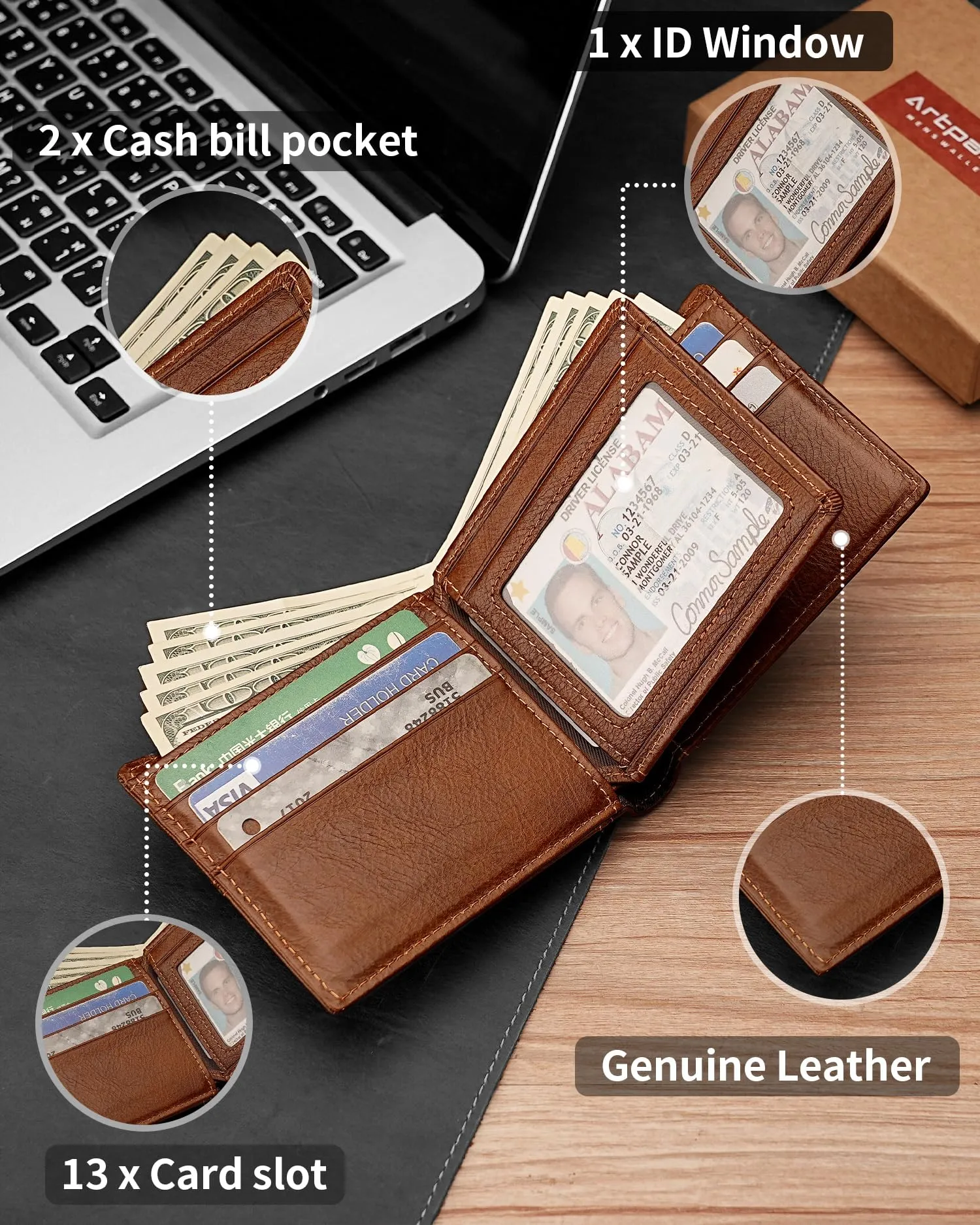 Artpaxy Mens Wallet Genuine Leather Bifold RFID Blocking Wallet for Men, 2 ID Windows 12-13 Card Holders, Gift Box