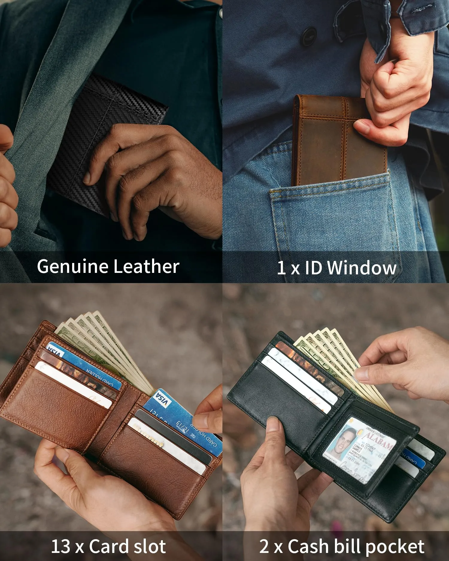 Artpaxy Mens Wallet Genuine Leather Bifold RFID Blocking Wallet for Men, 2 ID Windows 12-13 Card Holders, Gift Box