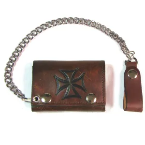 AT304-137  Antique Finish Tri-Fold Wallet w/ Chain- Iron Cross