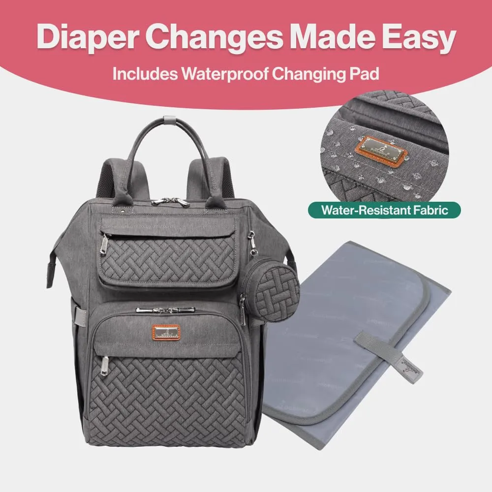 BabbleRoo Diaper Bag Backpack, Multifunction Large Bags with Changing Pad & Stroller Straps & Pacifier Case, Unisex Stylish Travel Back Pack Nappy Changing Bag for Moms Dads (Dark Gray) U1