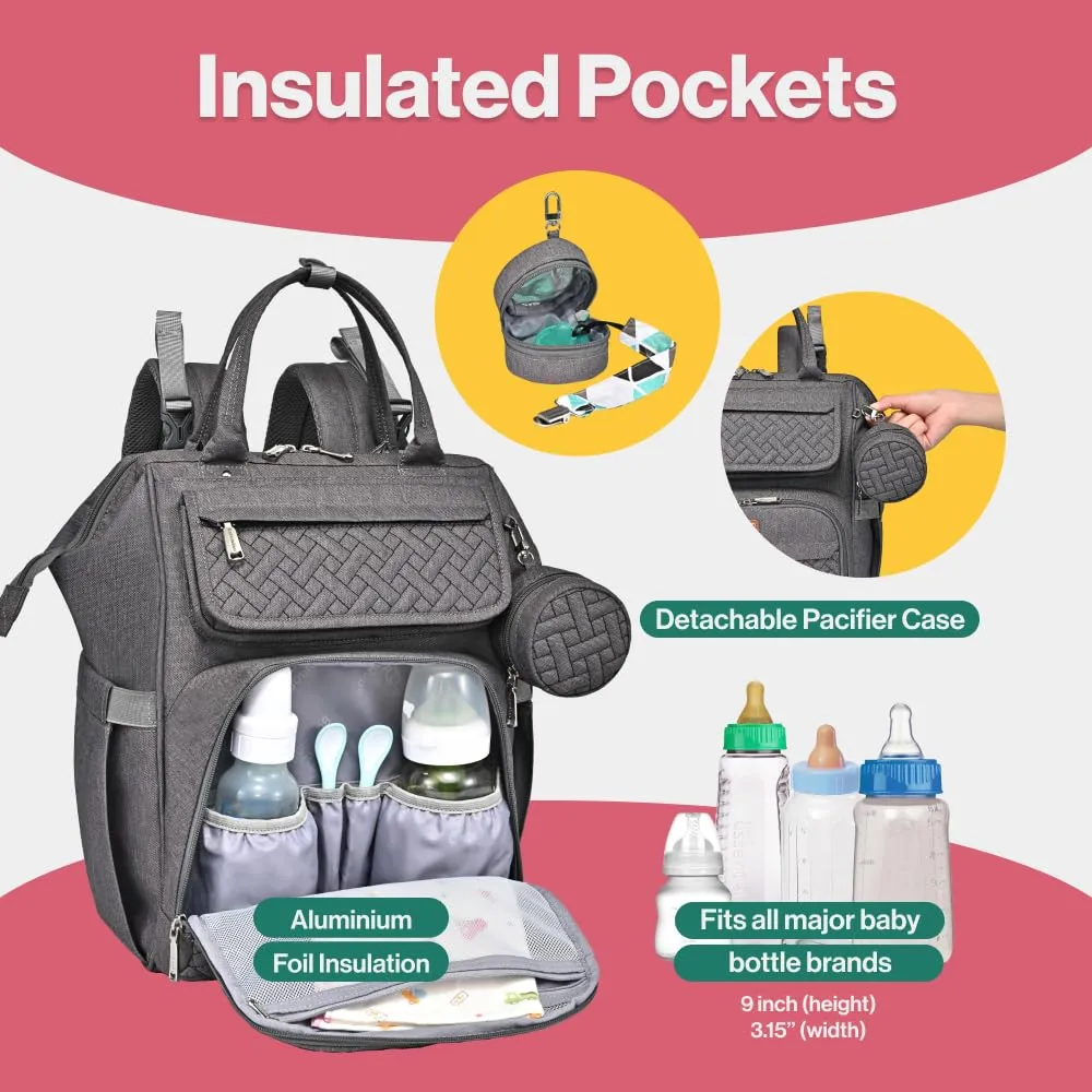 BabbleRoo Diaper Bag Backpack, Multifunction Large Bags with Changing Pad & Stroller Straps & Pacifier Case, Unisex Stylish Travel Back Pack Nappy Changing Bag for Moms Dads (Dark Gray) U1