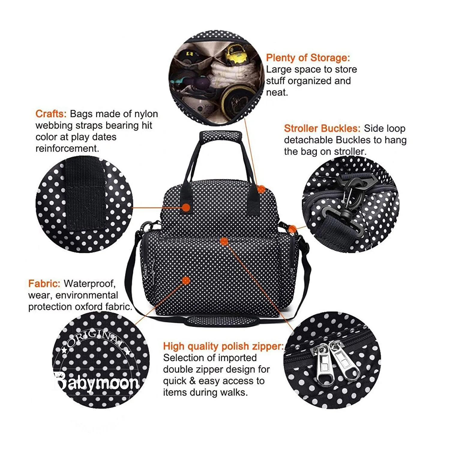 Babymoon 5 in 1 Polka Dotes Waterproof Diaper Bag - Jet Black