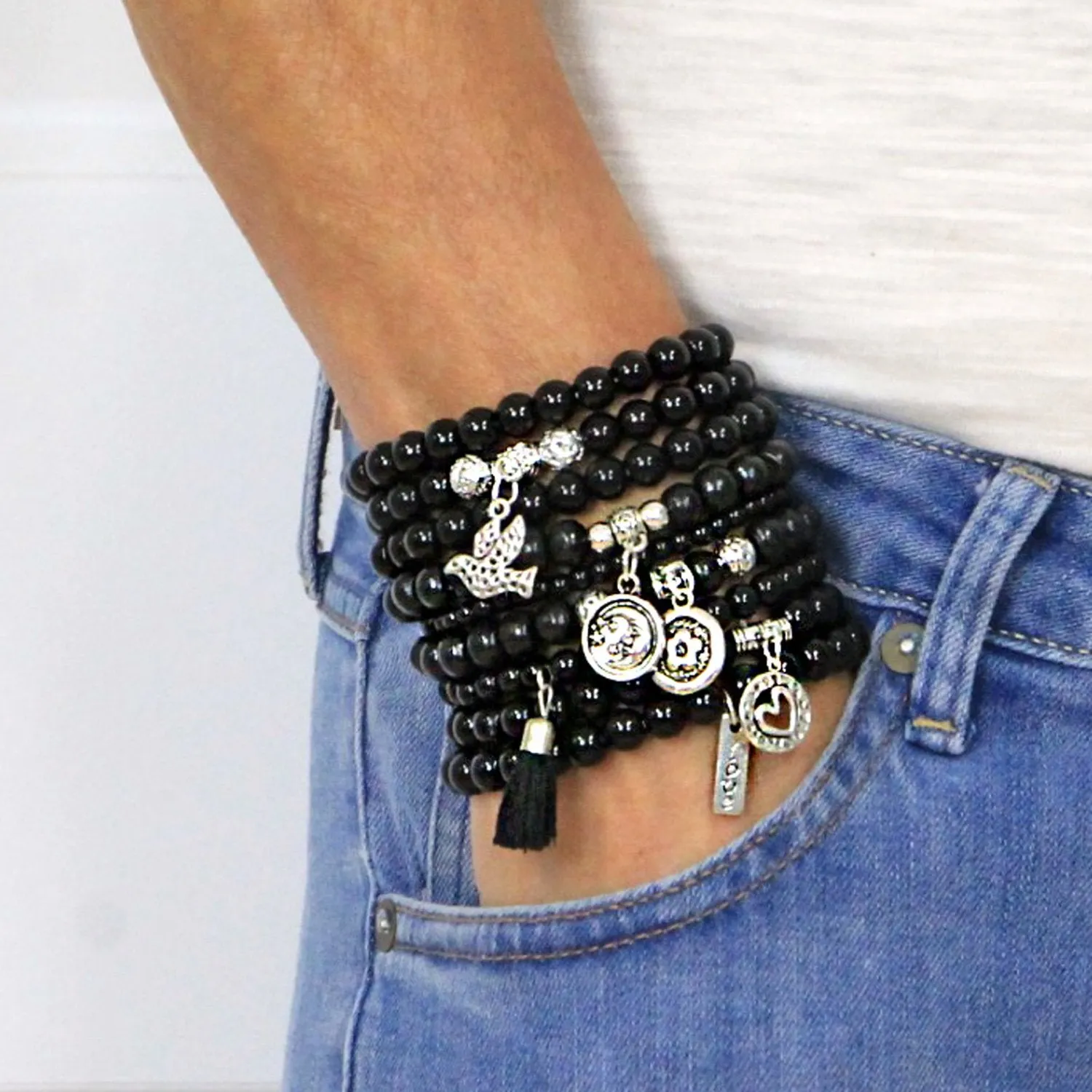Beaded Bracelets Set of 9 Stretch Bracelets Stack with Silver Tone Charms