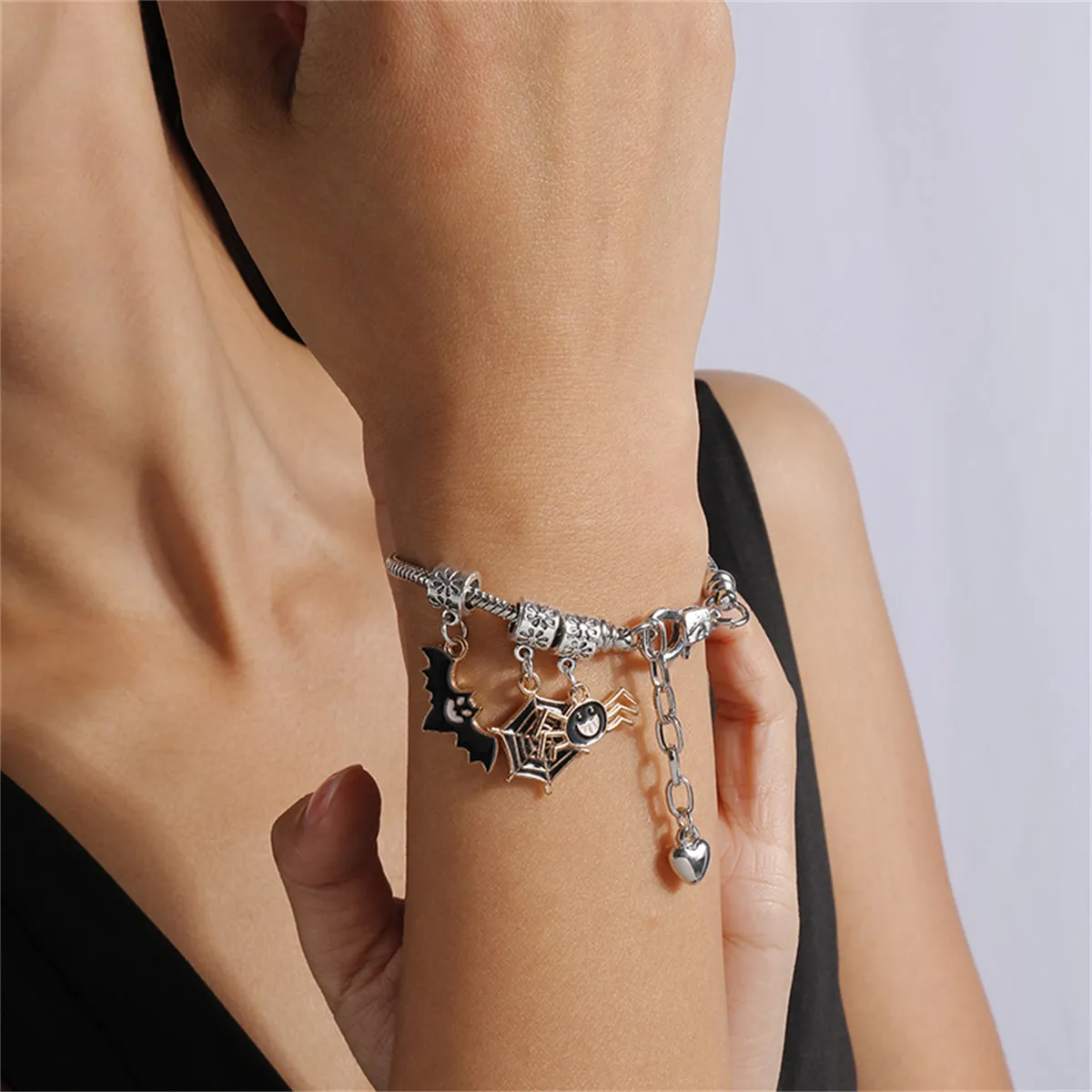 Black Enamel & Two Tone Bat Cobweb Spider Charm Bracelet