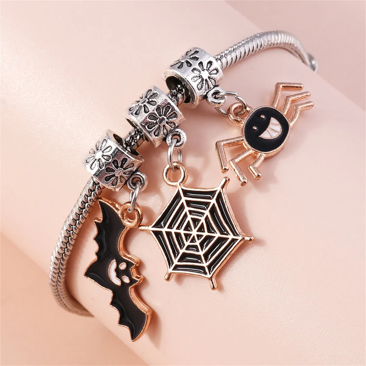 Black Enamel & Two Tone Bat Cobweb Spider Charm Bracelet