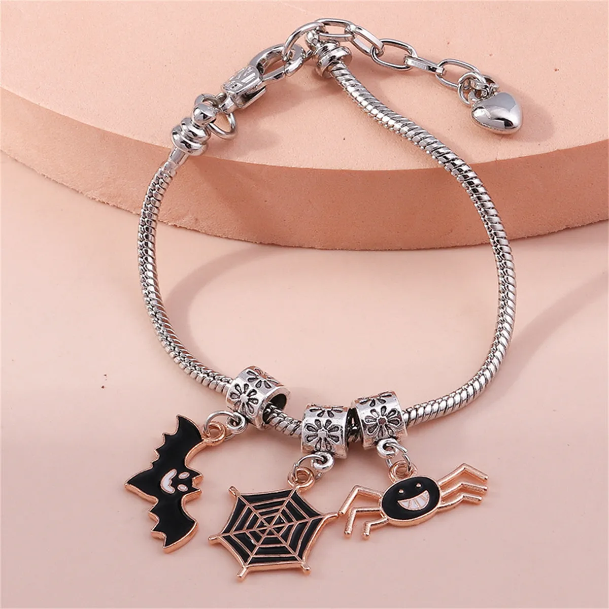 Black Enamel & Two Tone Bat Cobweb Spider Charm Bracelet