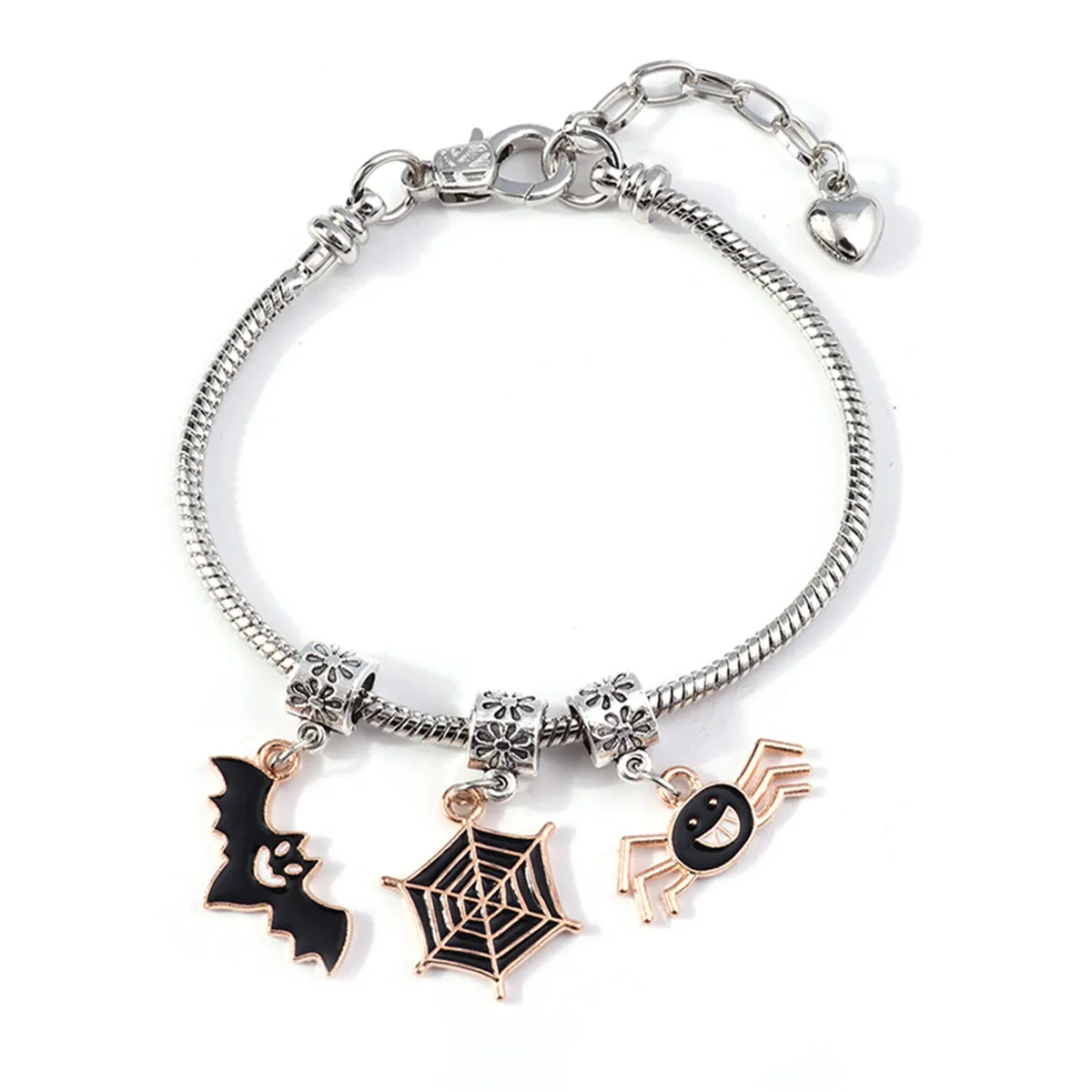 Black Enamel & Two Tone Bat Cobweb Spider Charm Bracelet