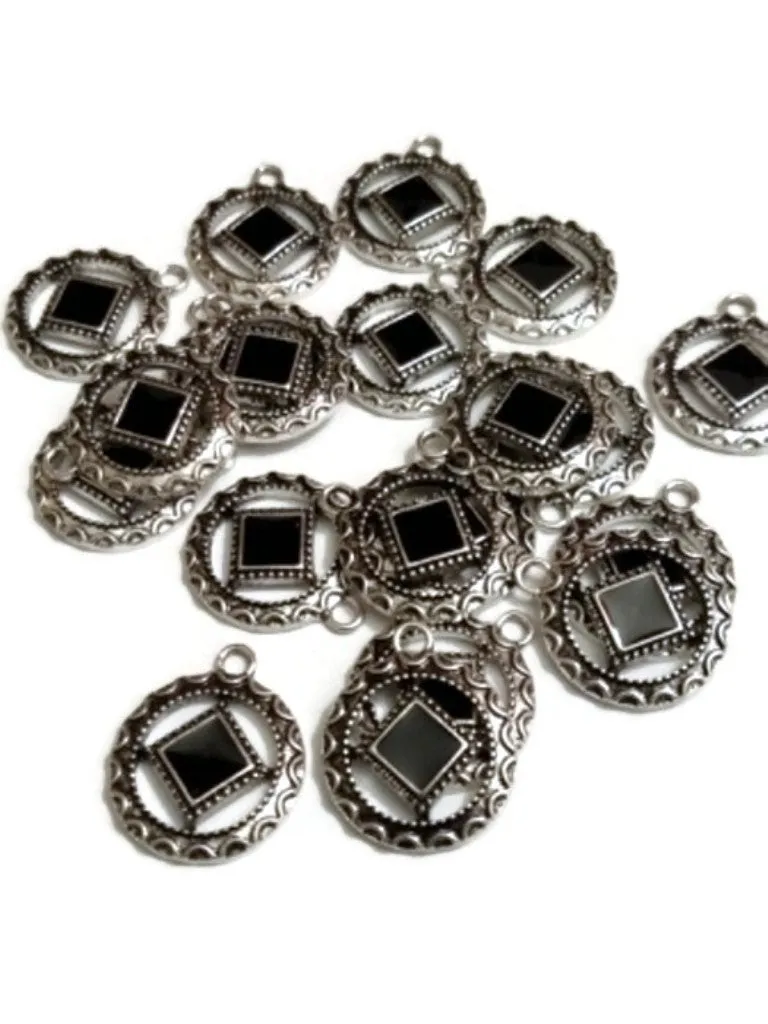 Black Enamel Antique SILVER Pendant Charms - NA