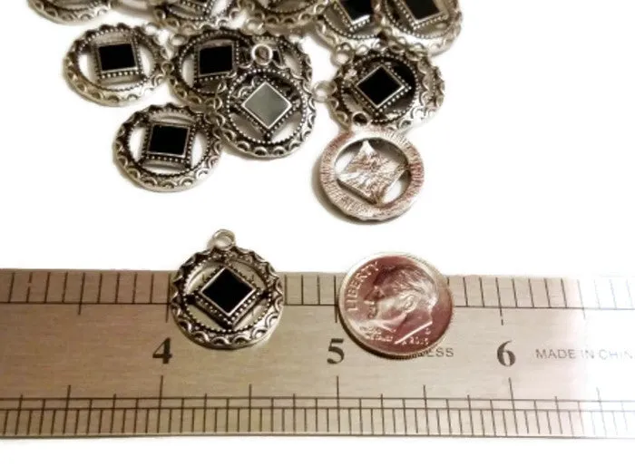 Black Enamel Antique SILVER Pendant Charms - NA