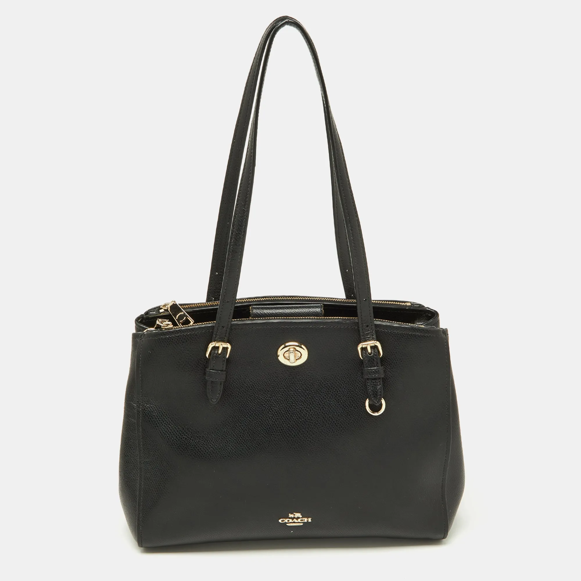 Black Leather Turnlock Carryall 29 Satchel
