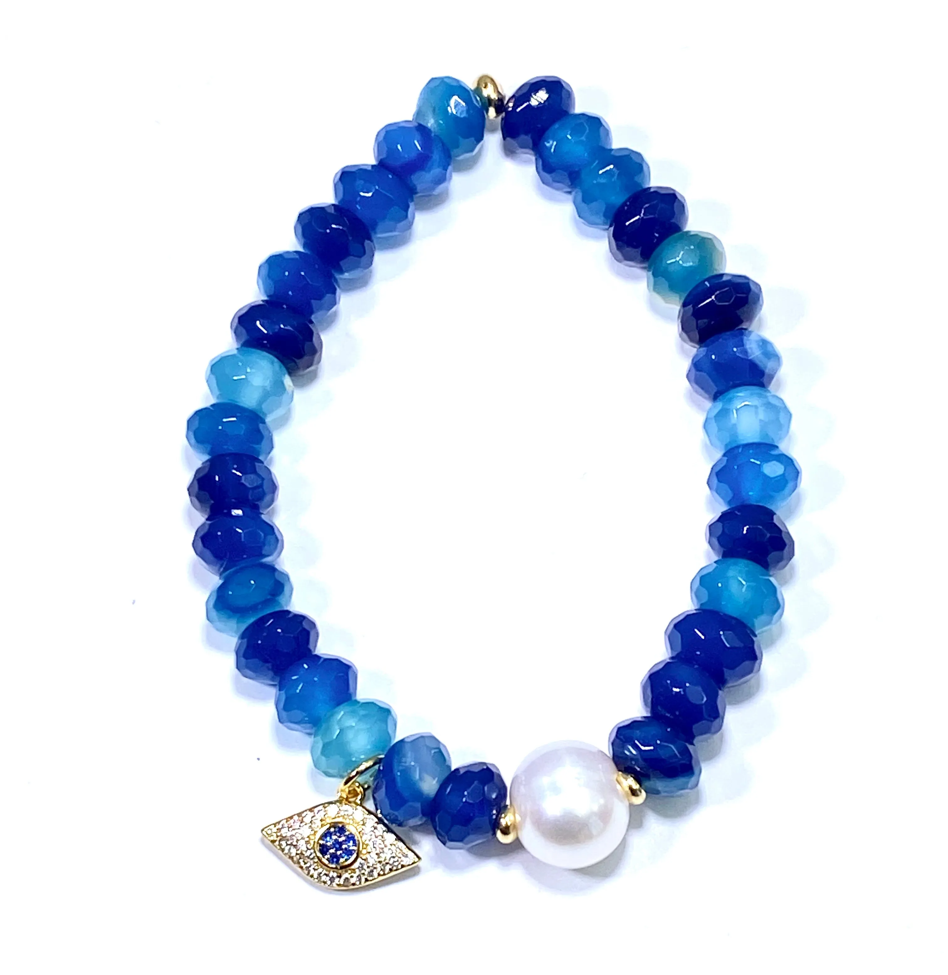 Blue and White Boho Stretch Bracelet Stacking Set of 2 Rainbow Moonstone Blue Lapis