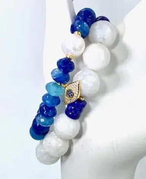 Blue and White Boho Stretch Bracelet Stacking Set of 2 Rainbow Moonstone Blue Lapis