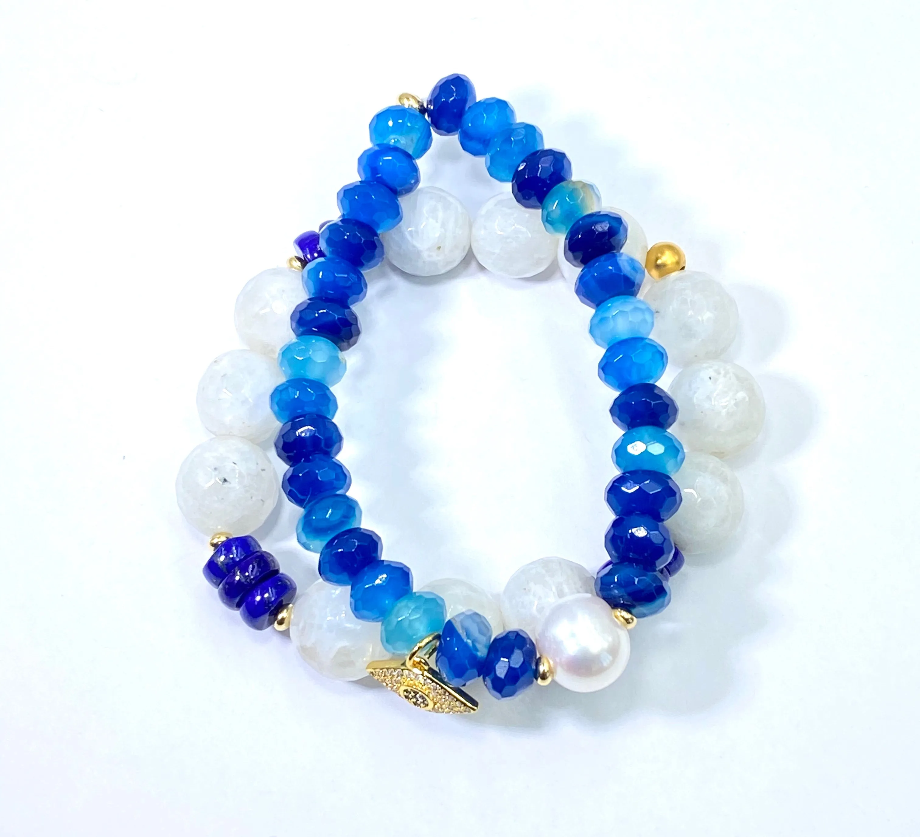 Blue and White Boho Stretch Bracelet Stacking Set of 2 Rainbow Moonstone Blue Lapis