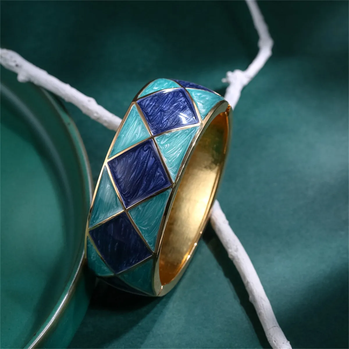 Blue Enamel & 18K Gold-Plated Rhombus Bangle