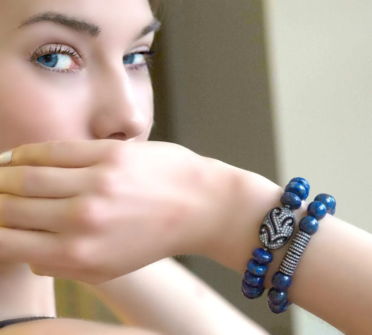 Blue Lapis Stretch Gemstone Beaded Bracelets Set of 2